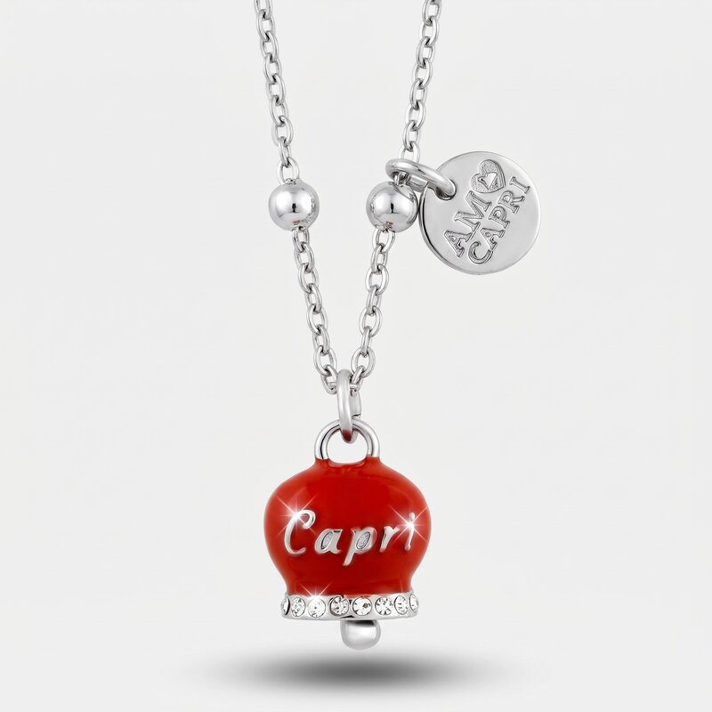 Collana in Acciaio Inossidabile campanella rossa con scritta Capri e zirconi | gioielli in acciaio inossidabile | BYSIMON