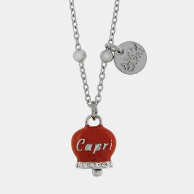 Collana in Acciaio Inossidabile campanella rossa con scritta Capri e zirconi | gioielli in acciaio inossidabile | BYSIMON