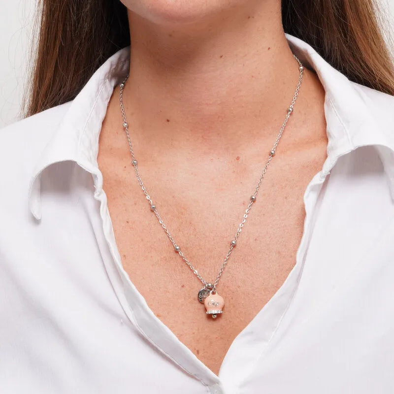 Collana in Acciaio campanella rosa antico con scritta Capri e zirconi - BYSIMON gioielli