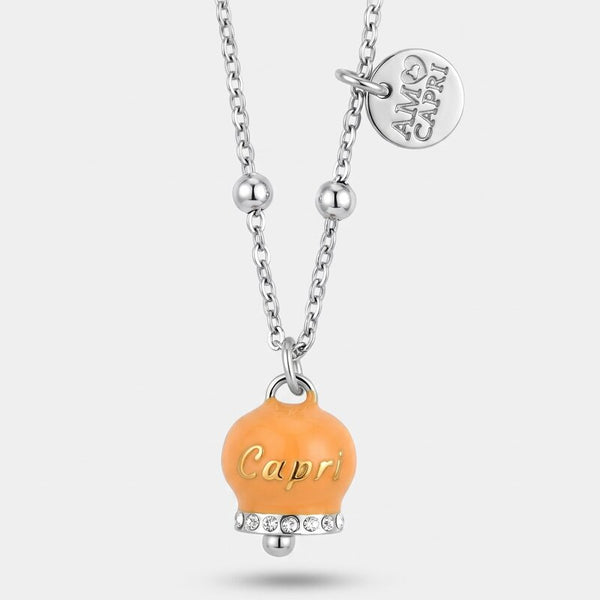Collana in Acciaio campanella rosa antico con scritta Capri e zirconi - BYSIMON gioielli