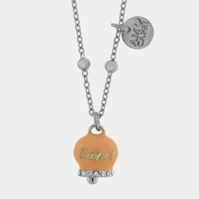 Collana in Acciaio campanella rosa antico con scritta Capri e zirconi - BYSIMON gioielli
