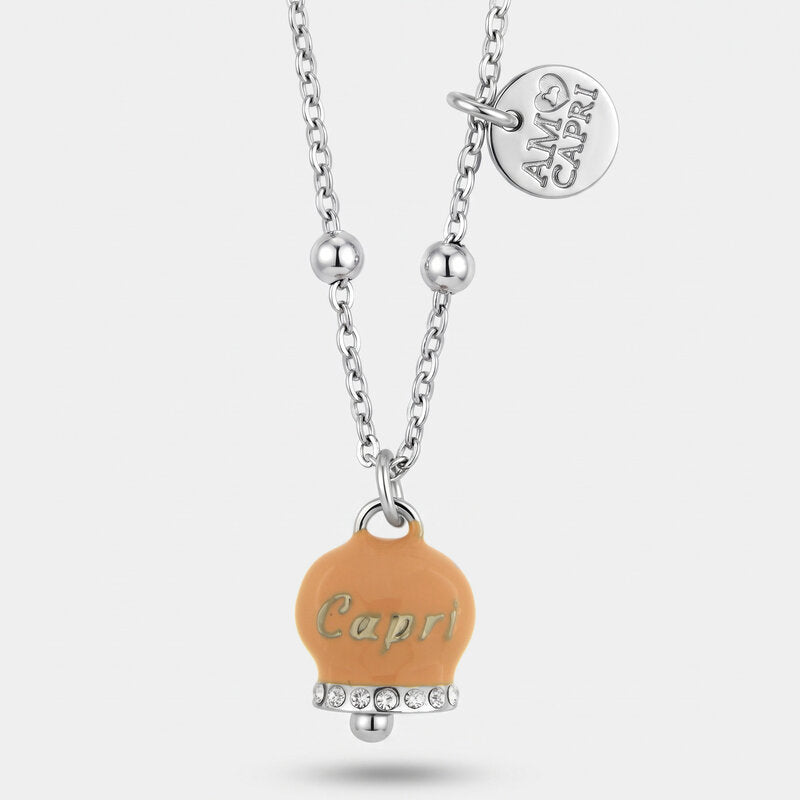 Collana in Acciaio campanella rosa antico con scritta Capri e zirconi - BYSIMON gioielli