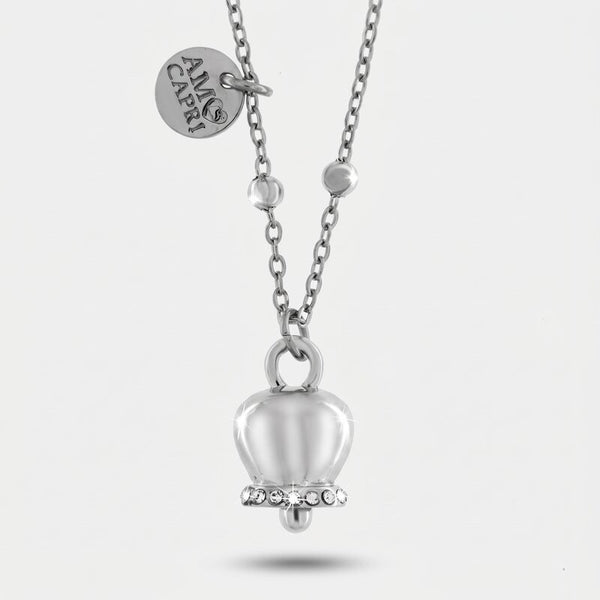 Collana in Acciaio con campanella portafortuna, impreziosita da cristalli - BYSIMON gioielli