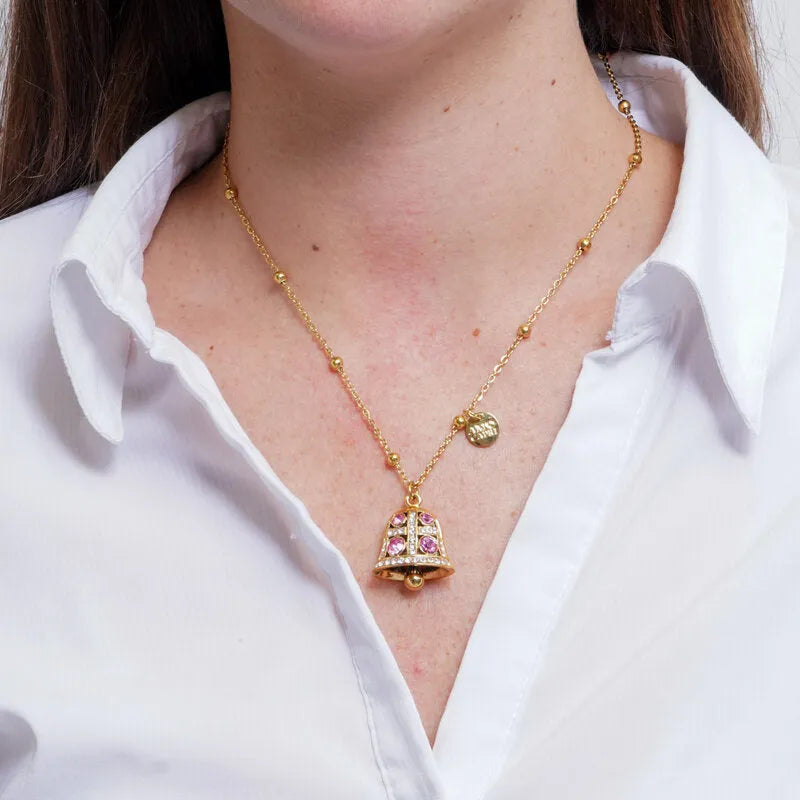 Collana in Acciaio campanella con punti luce rosa - BYSIMON gioielli