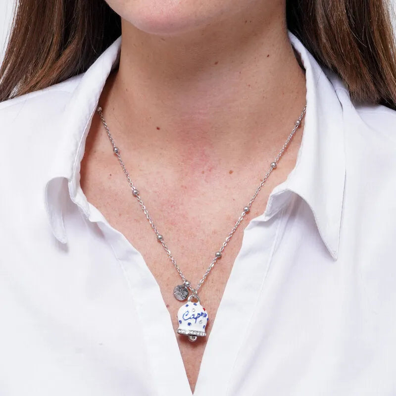 Collana in Acciaio campanella Capri bianca con pois blu - gioiello BySimon