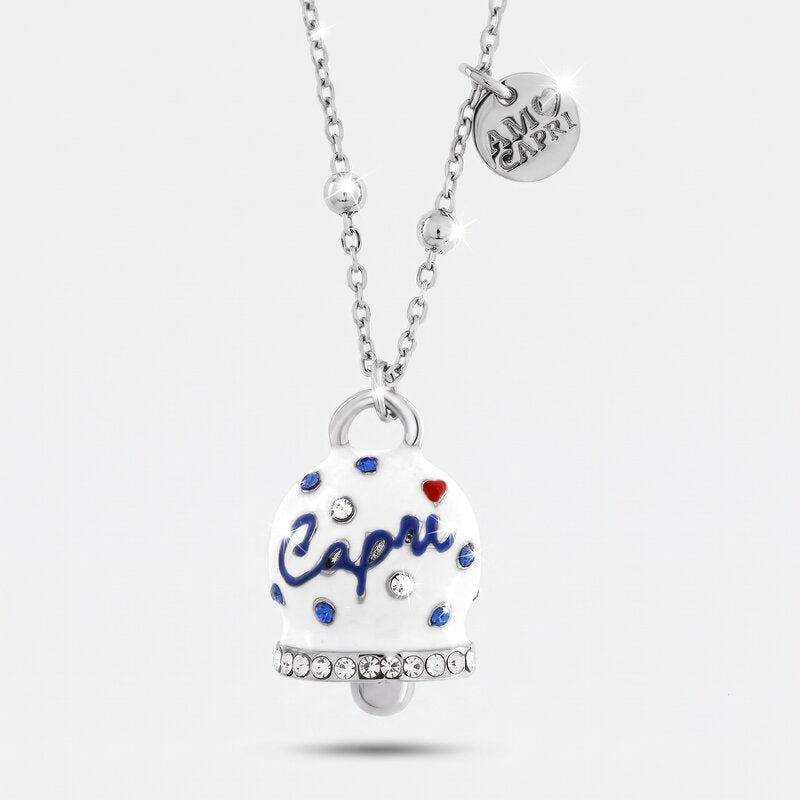 Collana in Acciaio campanella Capri bianca con pois blu - gioiello BySimon