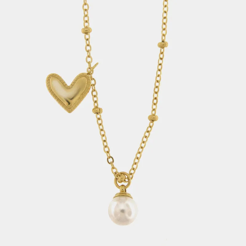Collana in acciaio con perla e cuore pendente - BYSIMON