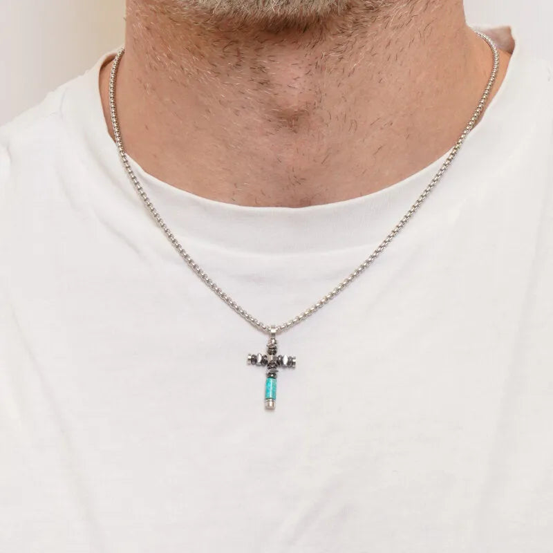 Collana in Acciaio croce con pietre nere e pietra verde - BYSIMON gioielli