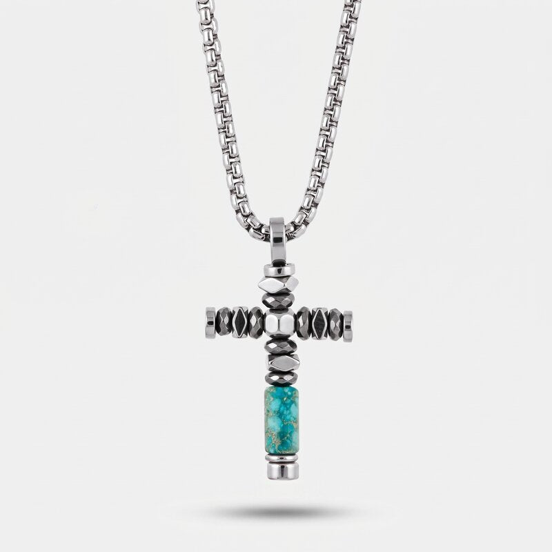 Collana in Acciaio croce con pietre nere e pietra verde - BYSIMON gioielli