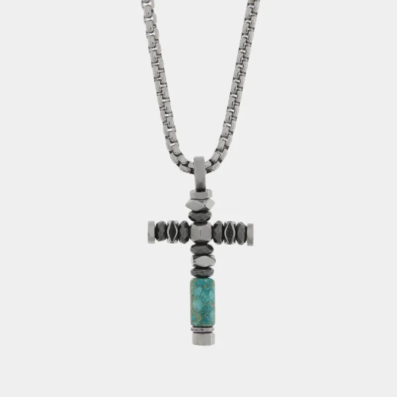 Collana in Acciaio croce con pietre nere e pietra verde - BYSIMON gioielli