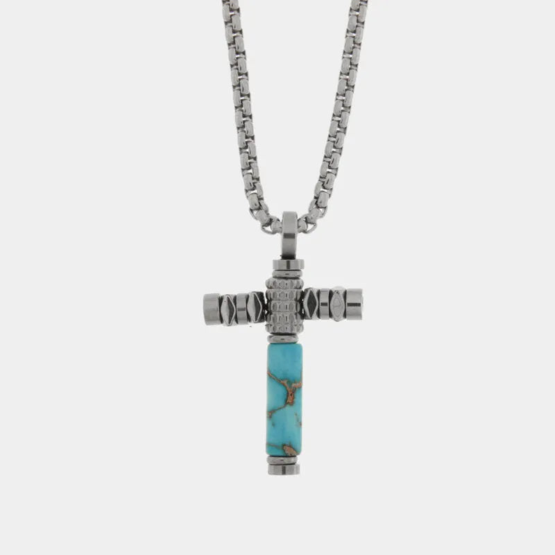 Collana in Acciaio croce con pietra turchese - BYSIMON gioielli