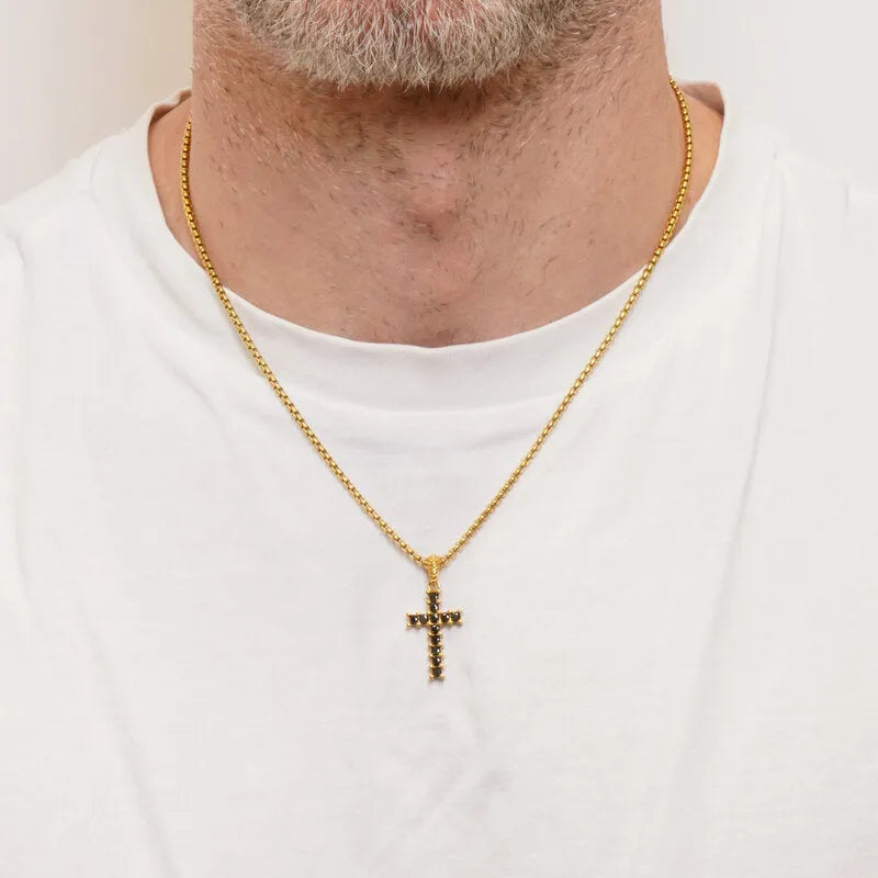 Collana in Acciaio croce con cristalli neri - BYSIMON gioielli