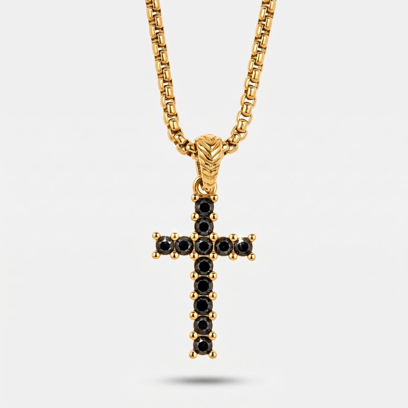 Collana in Acciaio croce con cristalli neri - BYSIMON gioielli