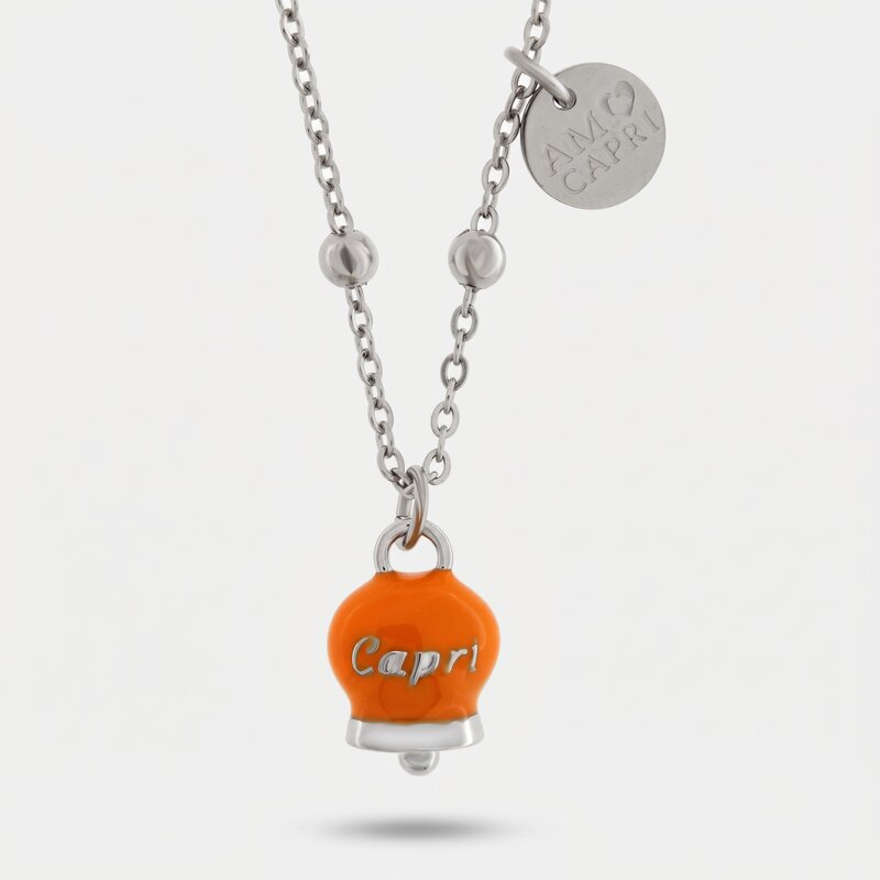 Collana in Acciaio con Campanella Portafortuna Capri Estate Mediterranea  - Colore Ammanst Orange - BYSIMON gioielli
