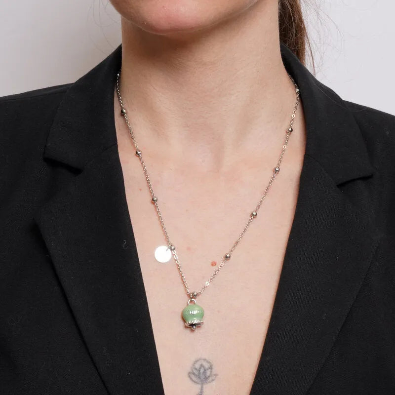 Collana in Acciaio con Campanella Portafortuna Capri - Colore Verde Menta - gioiello BySimon