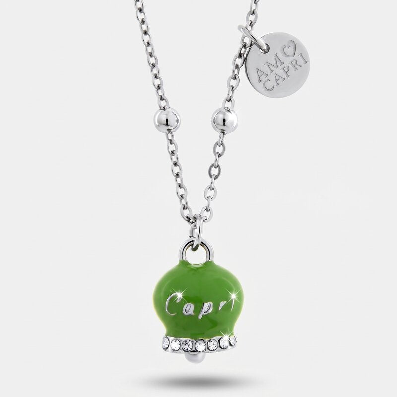Collana in Acciaio con Campanella Portafortuna Capri - Colore Verde Menta - gioiello BySimon