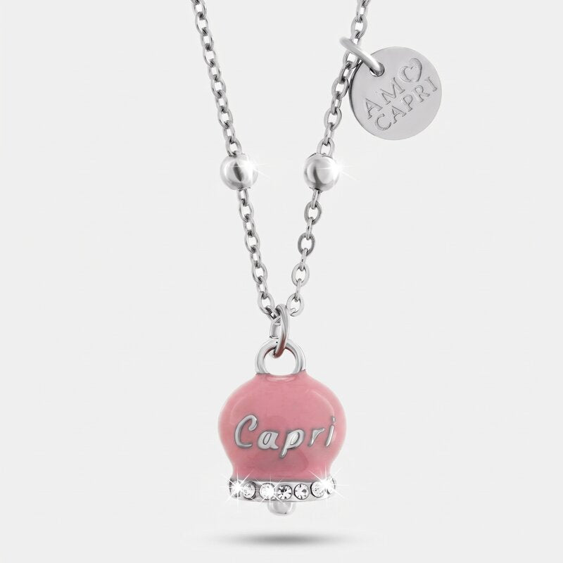 Collana in Acciaio con Campanella Portafortuna Dolce Capri - Colore Tickled Pink - gioiello BySimon