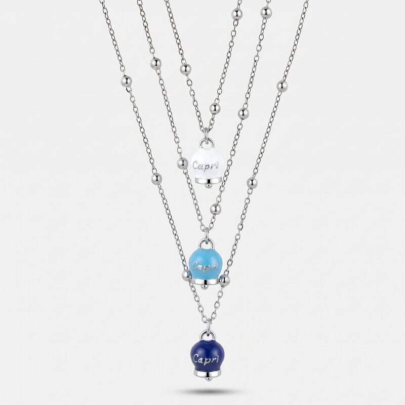Collana in Acciaio Multifilo con Tris di Campanelle Portafortuna Capri tonalità blu, azzurra, bianca - gioiello BySimon