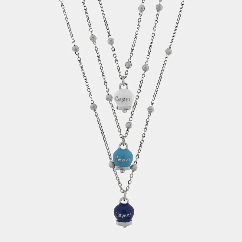 Collana in Acciaio Multifilo con Tris di Campanelle Portafortuna Capri tonalità blu, azzurra, bianca - gioiello BySimon