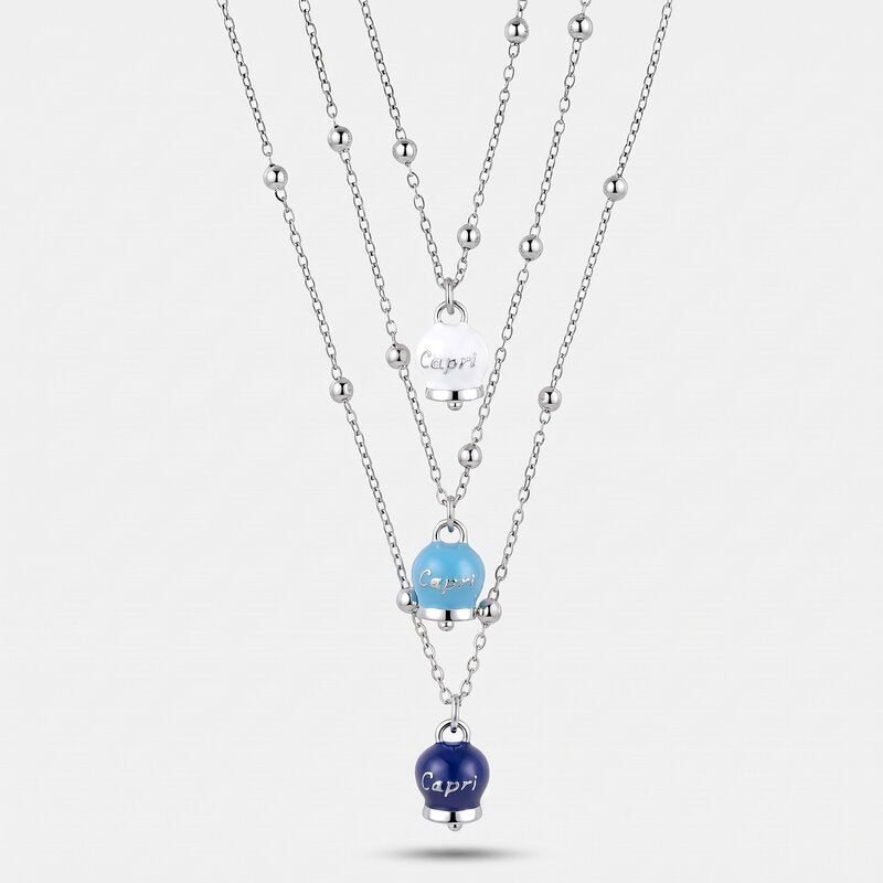 Collana in Acciaio Multifilo con Tris di Campanelle Portafortuna Capri tonalità blu, azzurra, bianca - gioiello BySimon