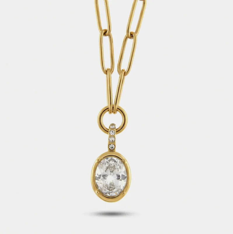 Collana in Acciaio a sfere e cristallo ovale