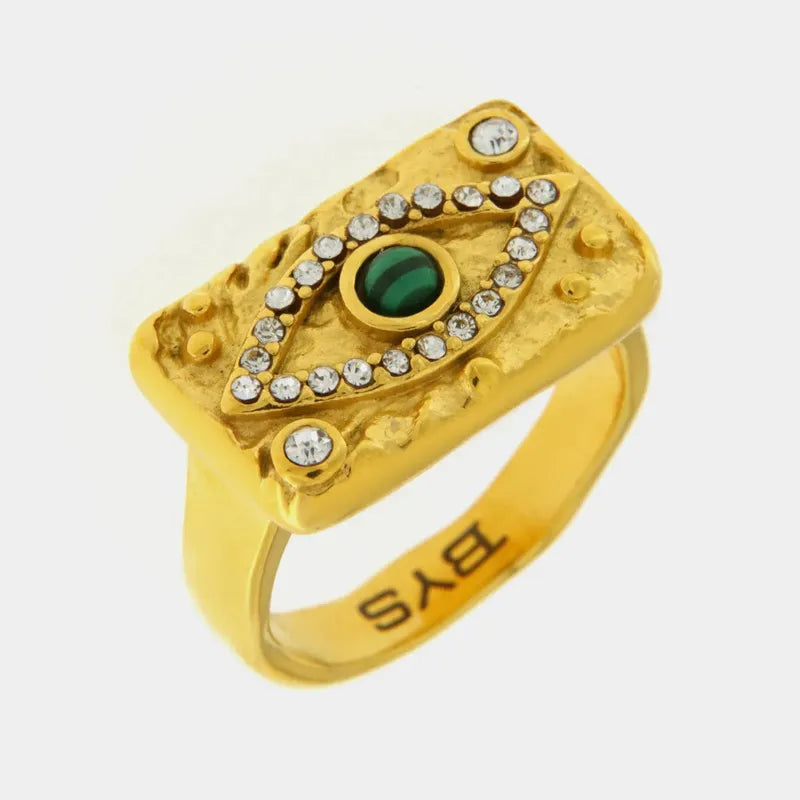 Anello in Acciaio con piastra impreziosito da occhio verde