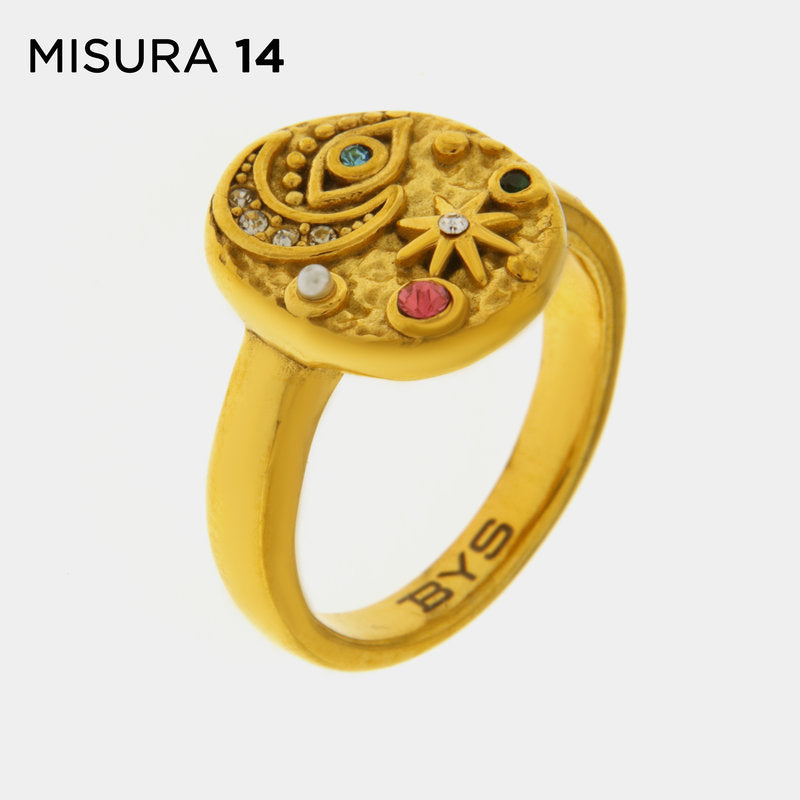 Anello in Acciaio con luna, occhio e fiore - BYSIMON gioielli