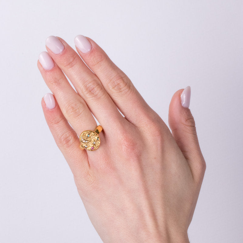 Anello in Acciaio con luna, occhio e fiore - BYSIMON gioielli