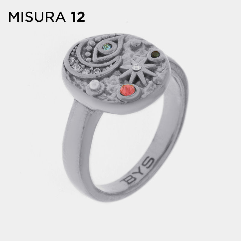 Steel ring with moon, eye and flower