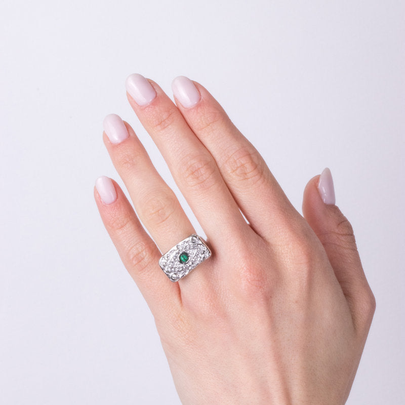 Steel ring with moon, eye and flower