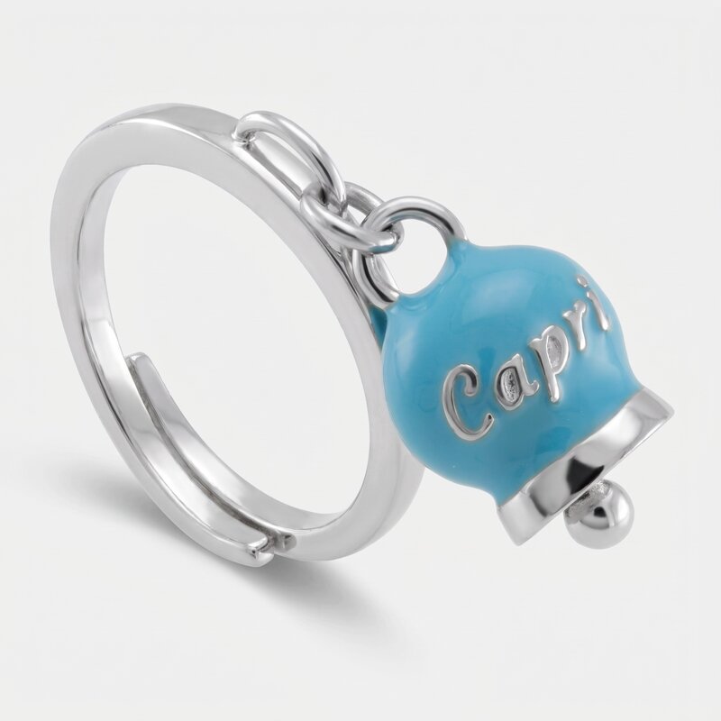 Anello in Acciaio con campanella pendente azzurra  con scritta Capri - BYSIMON gioielli