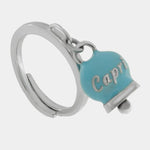 Anello in Acciaio con campanella pendente azzurra  con scritta Capri - BYSIMON gioielli
