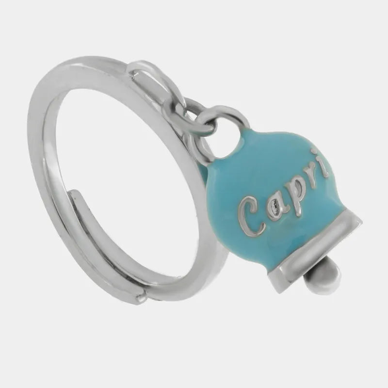 Anello in Acciaio con campanella pendente azzurra  con scritta Capri - BYSIMON gioielli