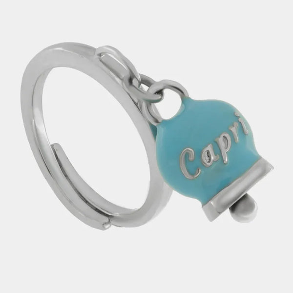 Anello in Acciaio con campanella pendente azzurra  con scritta Capri - BYSIMON gioielli