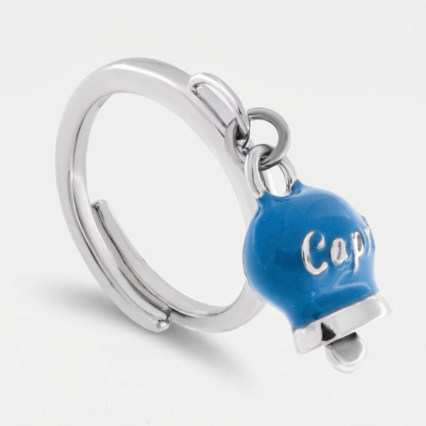 Anello in Acciaio con campanella pendente blu cobalto con scritta Capri - BYSIMON gioielli