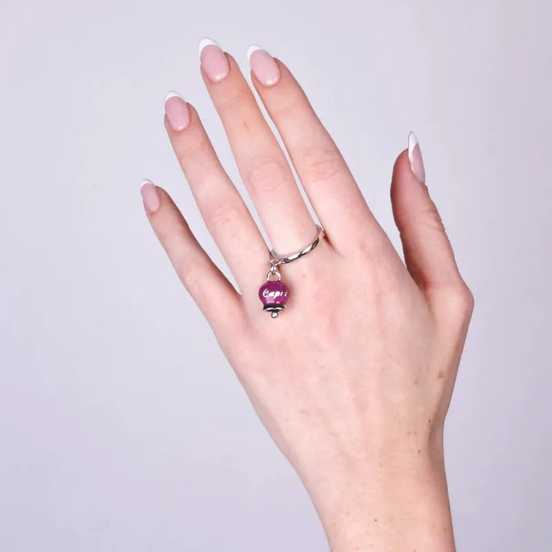Anello in Acciaio con campanella  borgogna con scritta Capri - BYSIMON gioielli