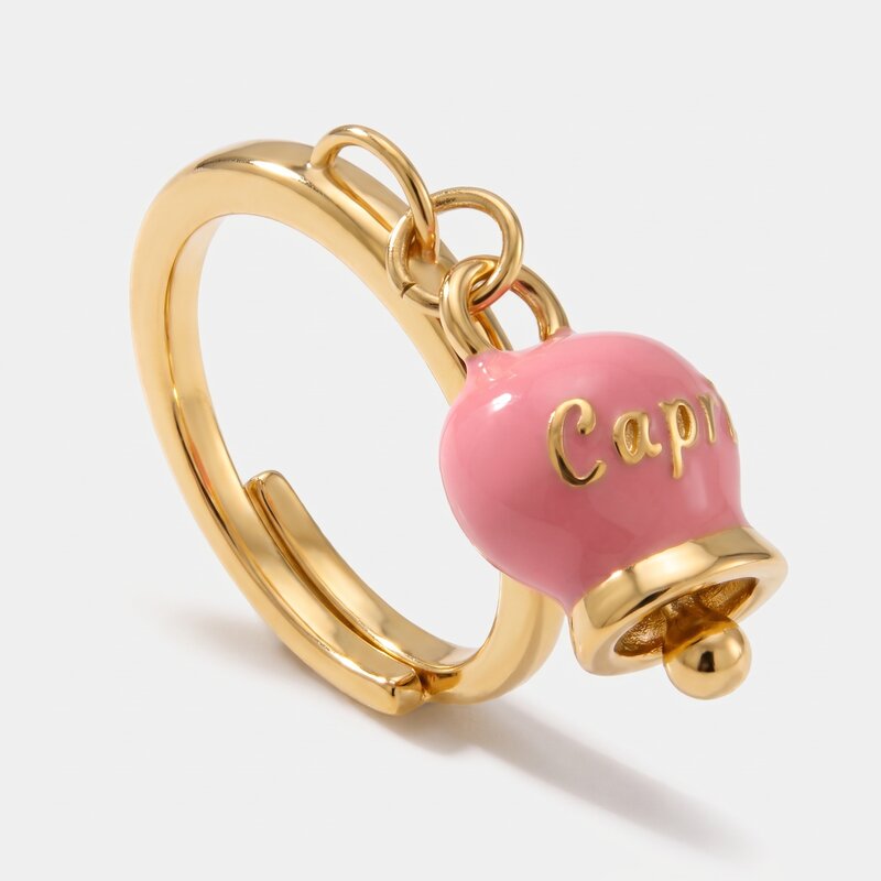 Anello in Acciaio con campanella  pendente  rosa con scritta Capri - BYSIMON gioielli