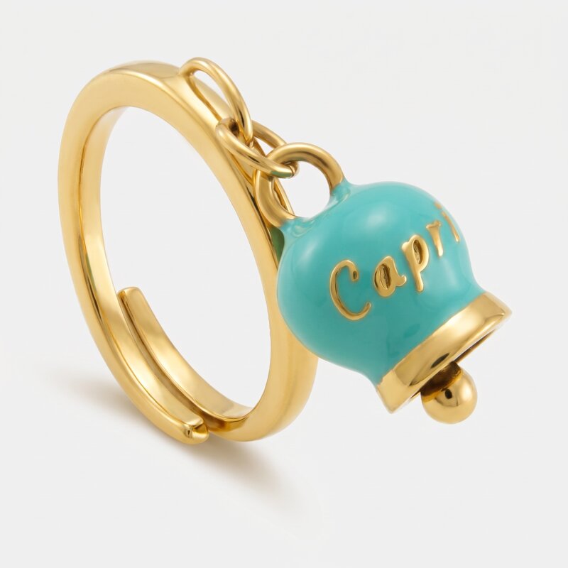 Anello in Acciaio con campanella  pendente  verde con scritta Capri - BYSIMON gioielli