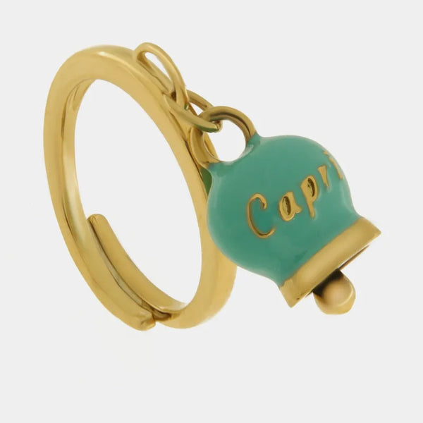 Anello in Acciaio con campanella  pendente  verde con scritta Capri - BYSIMON gioielli