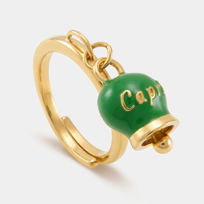 Anello in Acciaio con campanella pendente verde scuro   con scritta Capri - BYSIMON gioielli