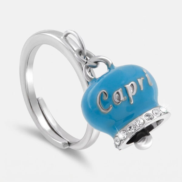 Anello in Acciaio con campanella azzurra con scritta Capri | gioielli in acciaio | BYSIMON