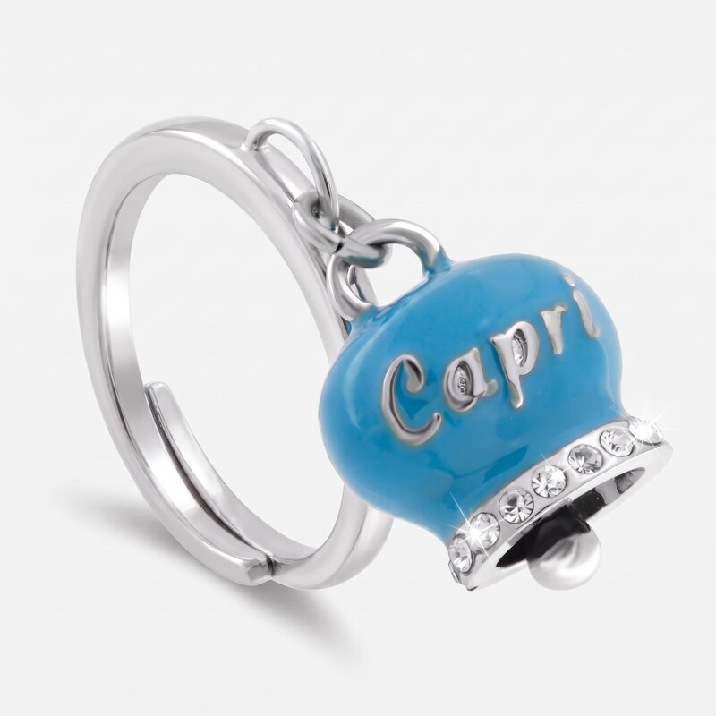 Anello in Acciaio con campanella azzurra con scritta Capri | gioielli in acciaio | BYSIMON