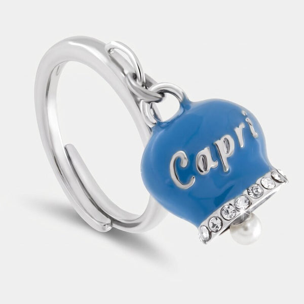 Anello in Acciaio con campanella blu cobalto  con scritta Capri - BYSIMON gioielli