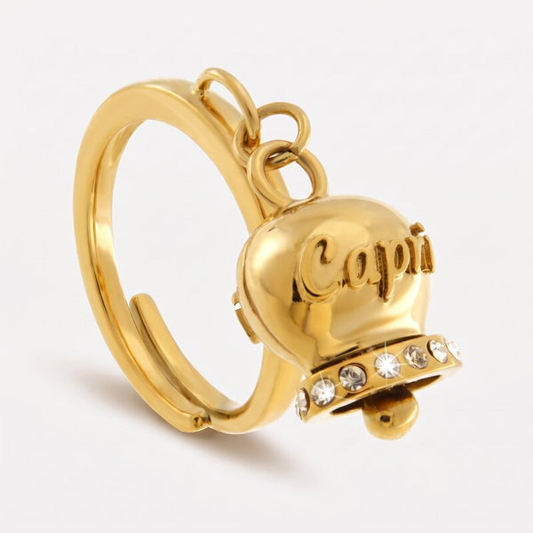 Anello in Acciaio con campanella placcata oro   con scritta Capri - BYSIMON gioielli