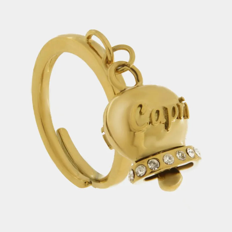 Anello in Acciaio con campanella placcata oro   con scritta Capri - BYSIMON gioielli