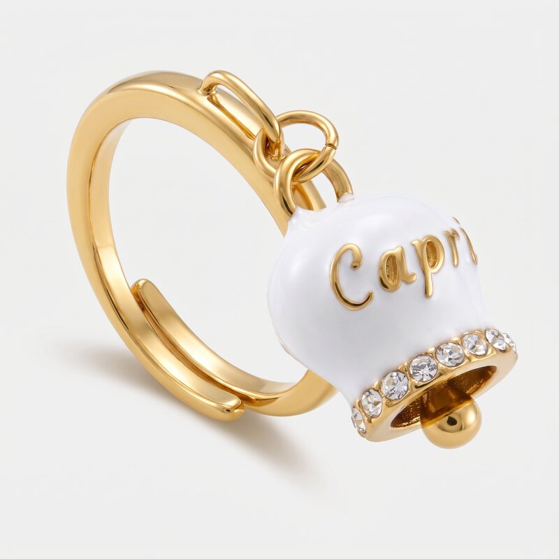 Anello in Acciaio con campanella bianca e oro con scritta Capri | gioielli in acciaio | BYSIMON