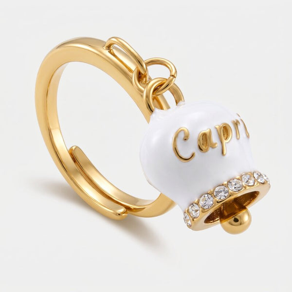 Anello in Acciaio con campanella bianca e oro con scritta Capri | gioielli in acciaio | BYSIMON