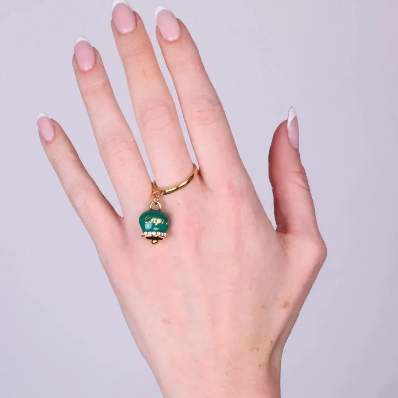 Anello in Acciaio con campanella verde scura   con scritta Capri - BYSIMON gioielli