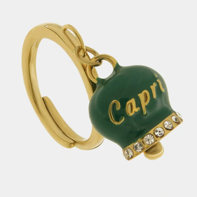 Anello in Acciaio con campanella verde scura   con scritta Capri - BYSIMON gioielli