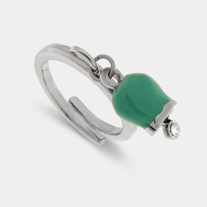 Anello in Acciaio con campanella verde acqua impreziosita da punto luce - BYSIMON gioielli